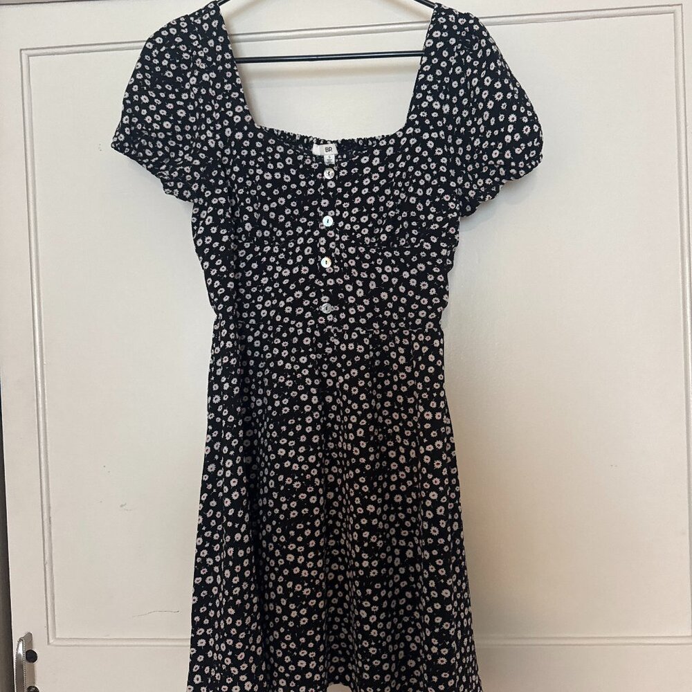 BP Black Floral Puff Sleeve Mini Dress (Size S)